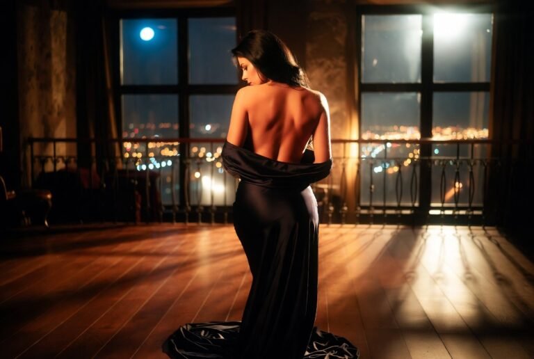 Sinnliche Frau mit nacktem Rücken im schwarzen Seidenkleid in einem dunklen Loft bei Nacht – Teaser für den erotischen Roman Die Flamme der Hingabe