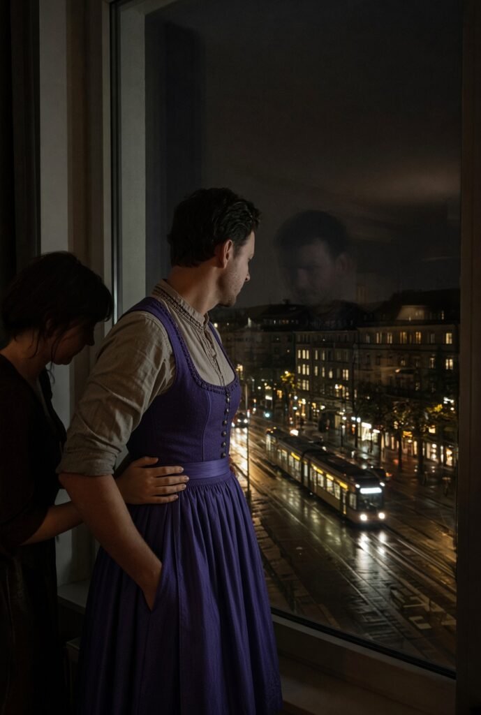 Mann im blauen Dirndl steht nachts am Fenster im Glockenbachviertel München neben seiner Partnerin