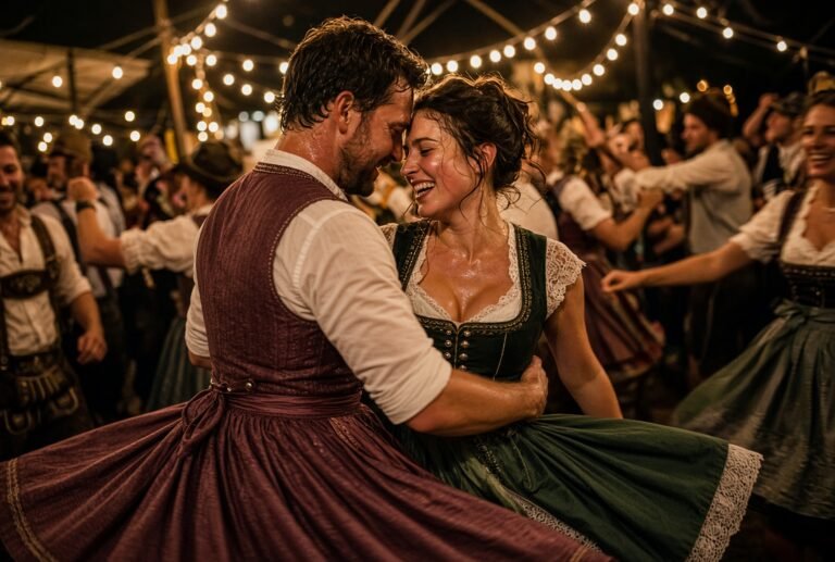 Mann und Frau tanzen nachts auf dem Oktoberfest beide im Dirndl unter Lichterketten