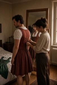 Crossdresser wird von seiner Partnerin in ein rostotes Dirndl geschnürt vor dem Spiegel