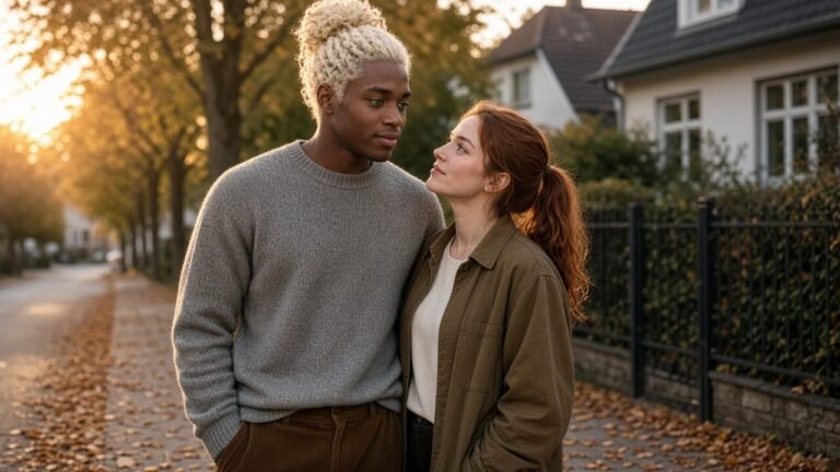 David mit Hochsteckfrisur und Anna in einem ruhigen Hamburger Viertel, beide vollständig in neutralen Herbstoutfits, warmes Licht.