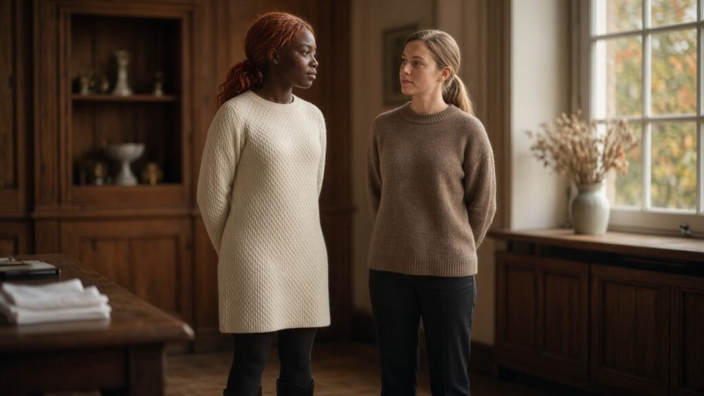 Elias mit kupferrotem Haar im Pferdeschwanz, dunkler Haut und st&auml;mmiger Figur in einem cremefarbenen Strickkleid, Strumpfhosen und Low-Blockabsatz-Schuhen, neben Sophia mit haselnussbraunen Augen und sportlicher Figur in einem Wollpullover, in einer holzvert&auml;felten Sakristei bei Tageslicht.