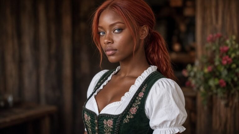 Erwachsener Mann mit rotblondem Pferdeschwanz, graublauen Augen und dunkler Haut in einem Dirndl mit Bluse, Mieder und Schürze, steht aufrecht in einem sonnigen Raum – Dirndl Geschichte