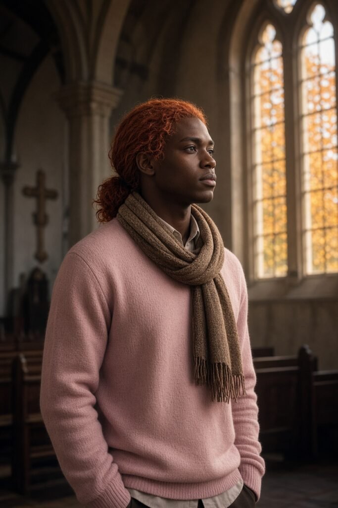 Ein Mann mit kupferrotem Haar im Pferdeschwanz, ovalem Gesicht, grauen Augen, dunkler Haut und st&auml;mmiger Statur von 178 cm in einem pastellfarbenen Strickpullover und Schal, stehend in einem leeren Kirchenraum bei warmem Abendlicht, nachdenklicher Gesichtsausdruck.