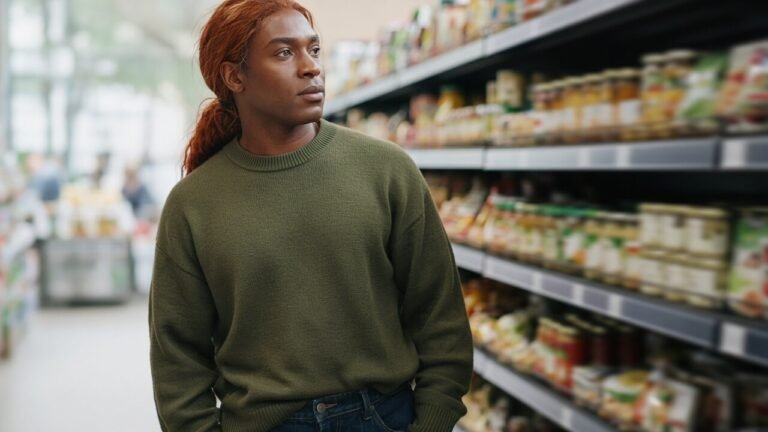 Ein Mann mit kupferrotem Pferdeschwanz, grauen Augen und dunkler Haut in olivgrünem Pullover und Jeans, steht vor Supermarktregalen, freundlicher Gesichtsausdruck, natürliches Licht – Crossdressing Al