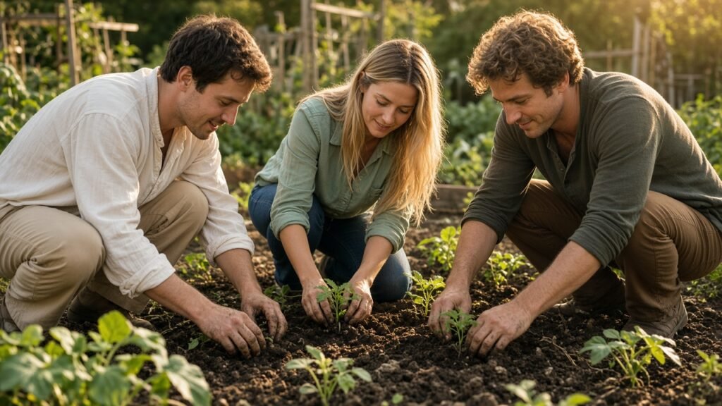 Jonas, Mia und Tim beim Pflanzen von Gem&uuml;se im Hamburger Gemeinschaftsgarten, Jonas in Baumwollbluse und weiter Hose, sonnig