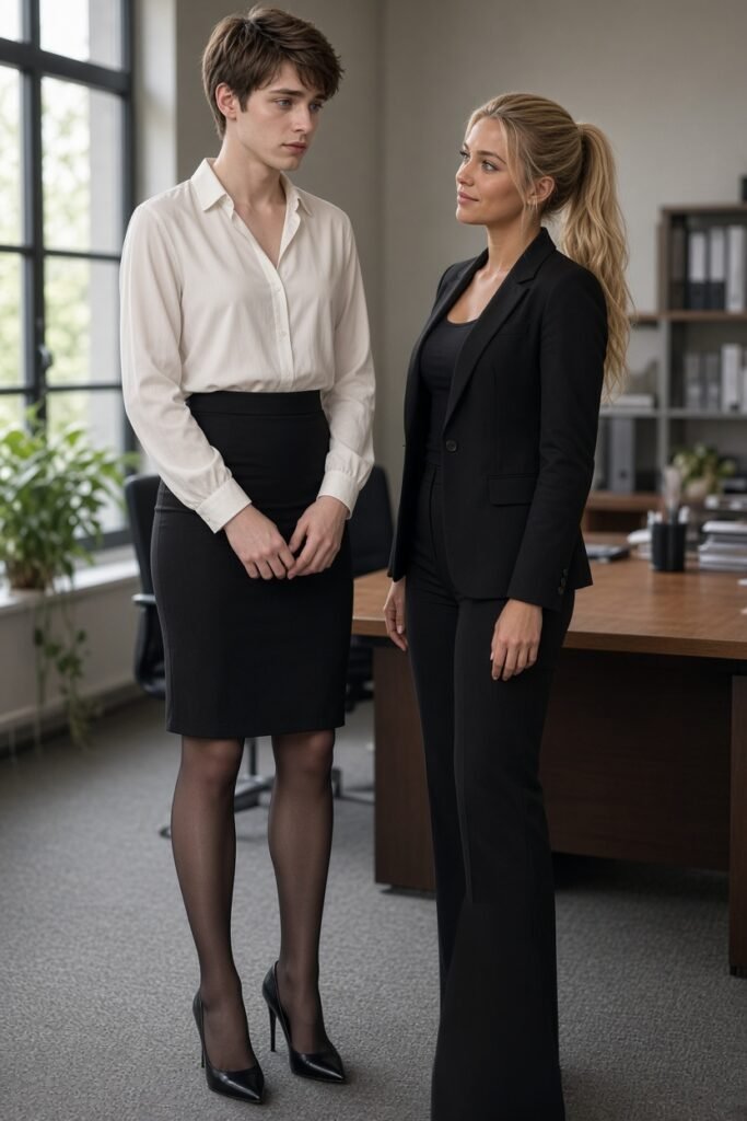 Erwachsene Person namens Leon mit ovalem Gesicht, blauen Augen und kurzem braunem Haar, helle Haut, schlanke Figur, tr&auml;gt wei&szlig;e Bluse, schwarzen Bleistiftrock, Strumpfhose und High Heels, steht im B&uuml;ro