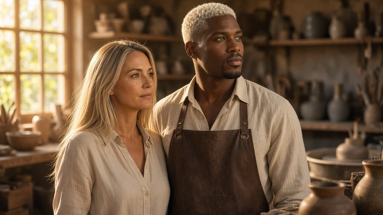 Marcus mit platinblondem Undercut, grünen Augen, dunkler Haut, kräftiger Statur, in Leinenhemd und Lederschürze, im Töpferatelier bei warmem Licht.