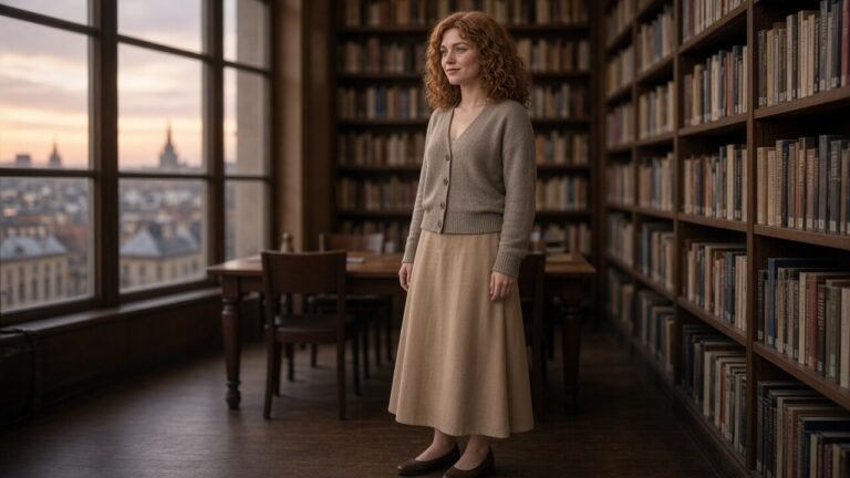 Junger Mann mit kupferroten Locken unter einer neutralen Perücke, bequeme Strickjacke, mittellanger Rock, flache Schuhe, in einer Bibliothek bei Abendlicht, freundliche Atmosphäre – Bibliothek Verwech