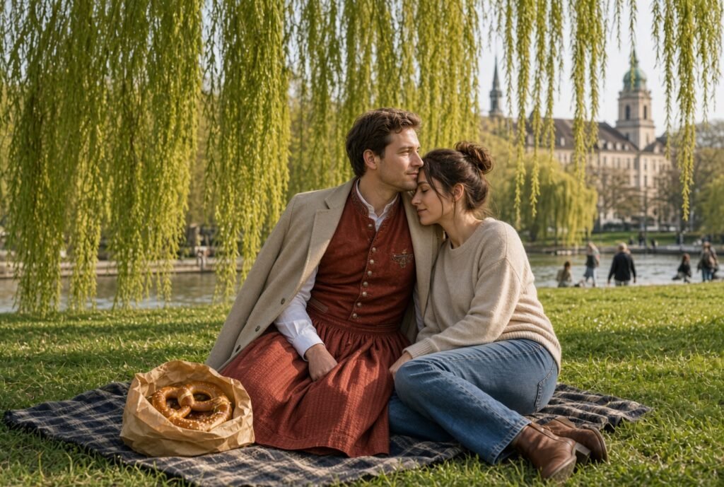 Mann im Dirndl sitzt mit seiner Freundin auf einer Decke im Englischen Garten in München