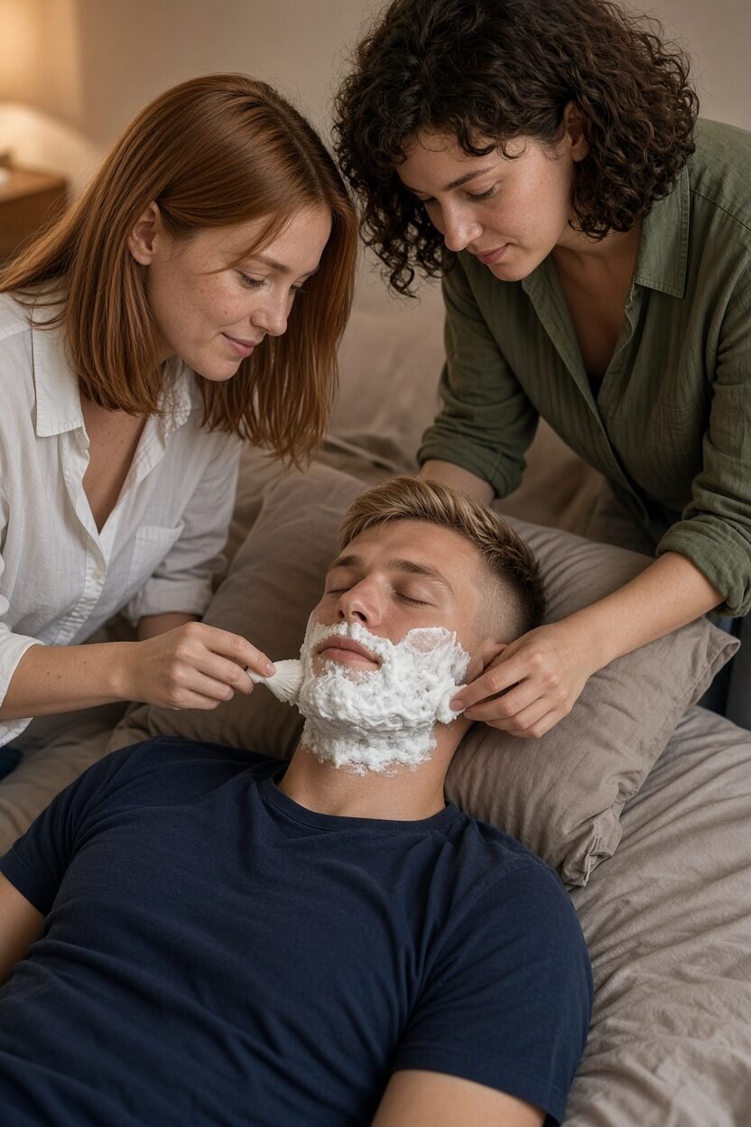 Bewusstlose Person auf Bett, zwei Frauen mit Rasierutensilien, Schlafzimmer.