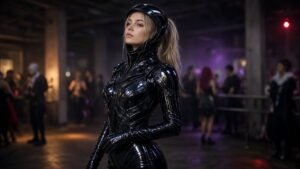 Marco in glänzendem Gummi Kostüm mit Helm, futuristischen Platten und langen Stiefeln in einer beleuchteten Industriehalle, vollständig bekleidet – Sissy Kostümparty