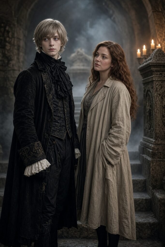Finn mit aschblonder Per&uuml;cke und Elena in dominanter Pose, beide vollst&auml;ndig in Kost&uuml;men, in einer nebligen Burgkrypta mit Kerzen, keine Nacktheit.