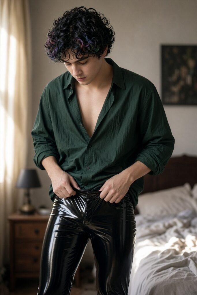 Junger Mann mit ovalem Gesicht, dunklen Augen, lockigem schwarzem Haar mit bunten Strähnen, helle Haut, europäisch, breitschultrig, zieht glänzende schwarze Vinyl-Leggings an, trägt lockere dunkelgrüne Bluse, steht in einem Schlafzimmer, vollständig bekleidet
