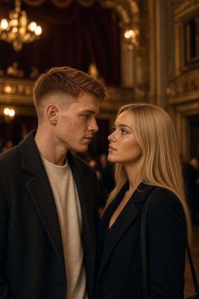 Ein schlanker Mann mit rotblondem Undercut und eine Frau mit langen blonden Haaren im Konzerthaus bei Abendlicht.