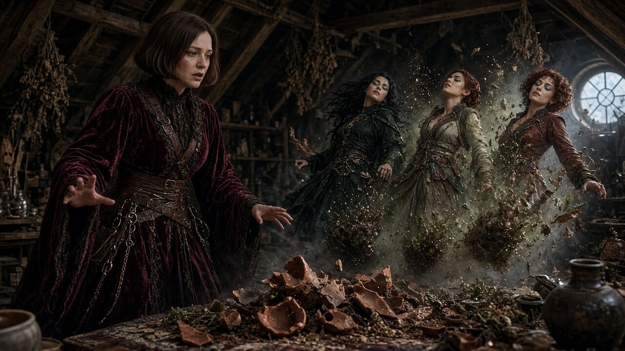 Elias in feminisierter Hexenrobe mit Samt und Ledergürteln bricht den Bann, Morgana und Schwestern in übertriebenen Witchcore-Outfits, explodierende Kräutertöpfe im Dachboden