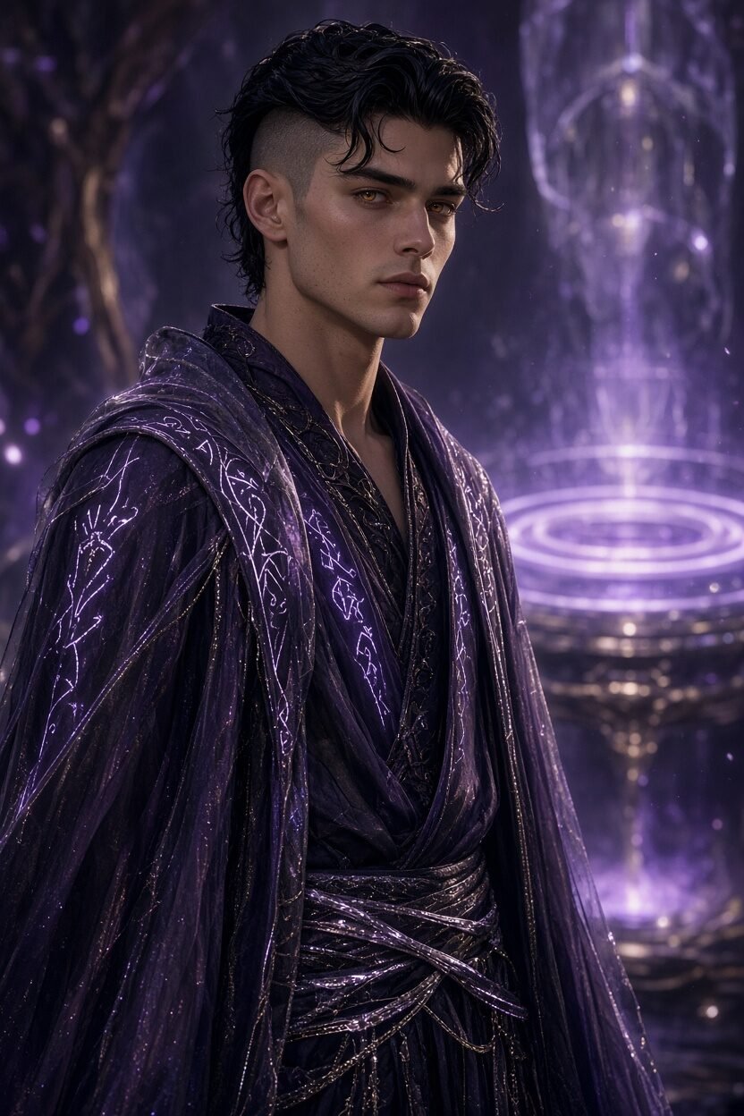 Junger Mann mit Undercut in violetten nanofaserigen Roben mit leuchtenden Runen, schwebend in einer künstlichen Lichtung, fotorealistisch