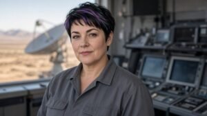 Europäische Frau Mitte 40 mit kurzem Pixie-Schnitt in Schwarz mit bunten Strähnen, dunkle Augen, sehr helle Haut, breitschultrig, graue Arbeitskombination, in technischem Raum mit Instrumenten, stehen