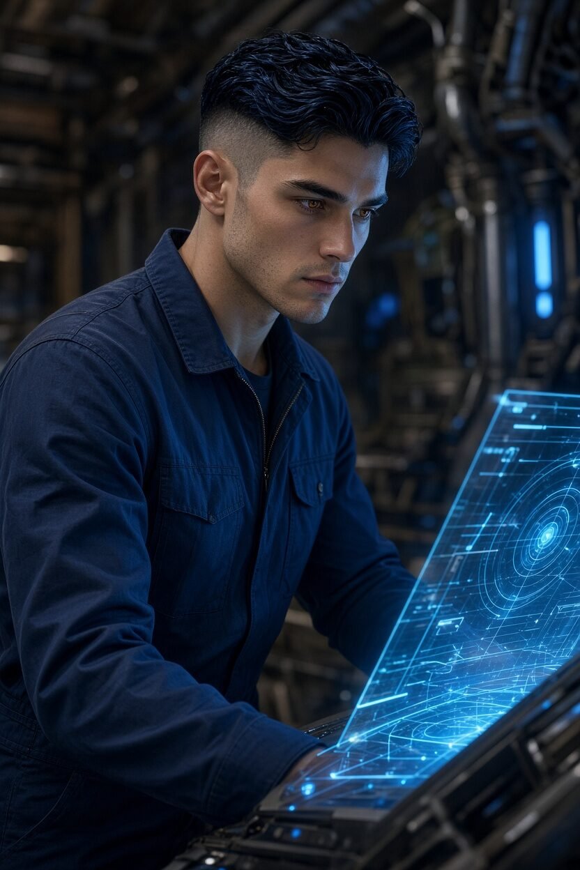 Junger Mann mit Undercut und bernsteinfarbenen Augen in blauer Montur vor einem leuchtenden Hologramm, in einem Raumschiffraum, fotorealistisch