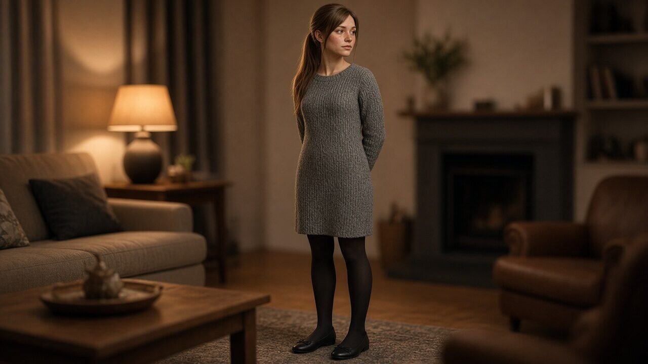 Elias mit kupferrotem Haar im grauen Strickkleid, Sophia mit hellbraunem Zopf daneben, Markus am Tisch sitzend, warmes Licht, Wohnzimmer – Sissy Akzeptanz