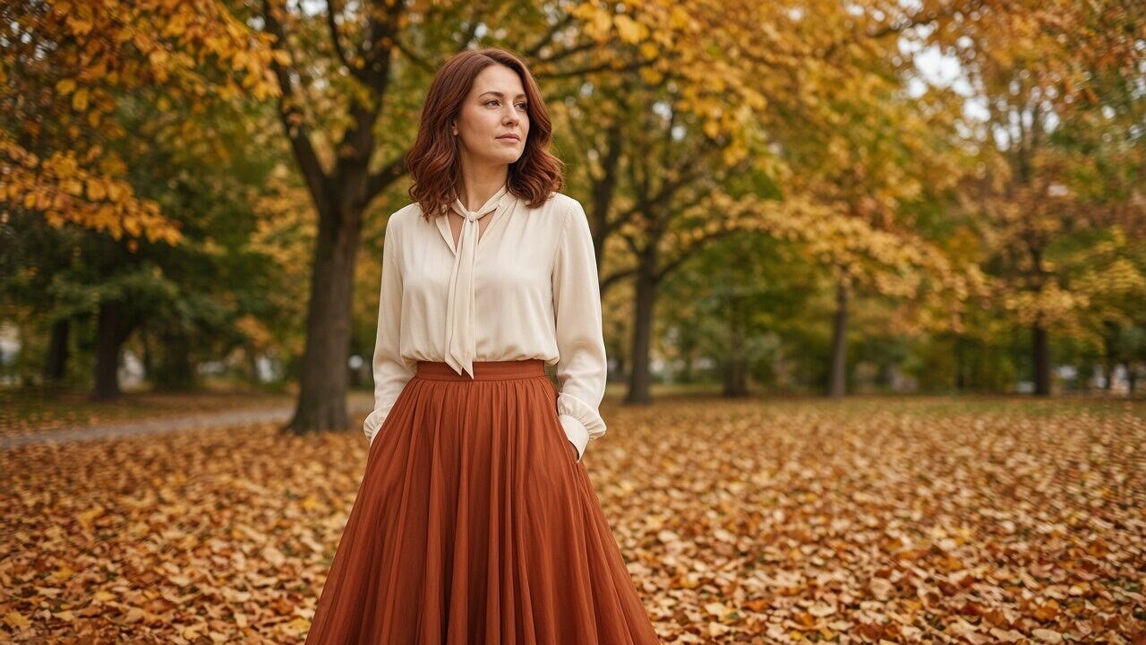 Junger Mann mit langen kastanienbraunen Haaren, grauen Augen, Sommersprossen, breitschultrig, trägt rostbraune Strumpfhose, gemusterte Leggings, Oversize-Pullover und flache Stiefel, steht im herbstlichen Park