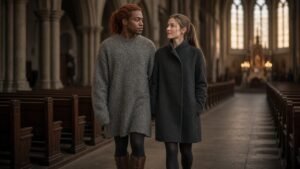 Elias mit kupferrotem Zopf und grauem Strickkleid, Sophia mit braunem Zopf im Mantel, in einem kühlen Kirchenraum bei Abendlicht, beide vollständig bekleidet und ruhig stehend. – Feminisierung Geschic