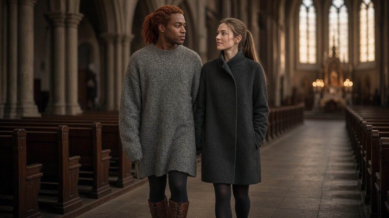 Elias mit kupferrotem Zopf und grauem Strickkleid, Sophia mit braunem Zopf im Mantel, in einem kühlen Kirchenraum bei Abendlicht, beide vollständig bekleidet und ruhig stehend. – Feminisierung Geschic