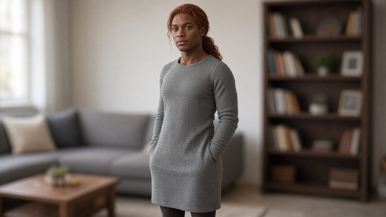 Erwachsener mit kupferrotem Zopf, grauem Strickkleid und dunklen Strumpfhosen im Wohnzimmer, neben einer Frau mit hellbraunem Zopf, weiches Licht – Sissy Geschichte