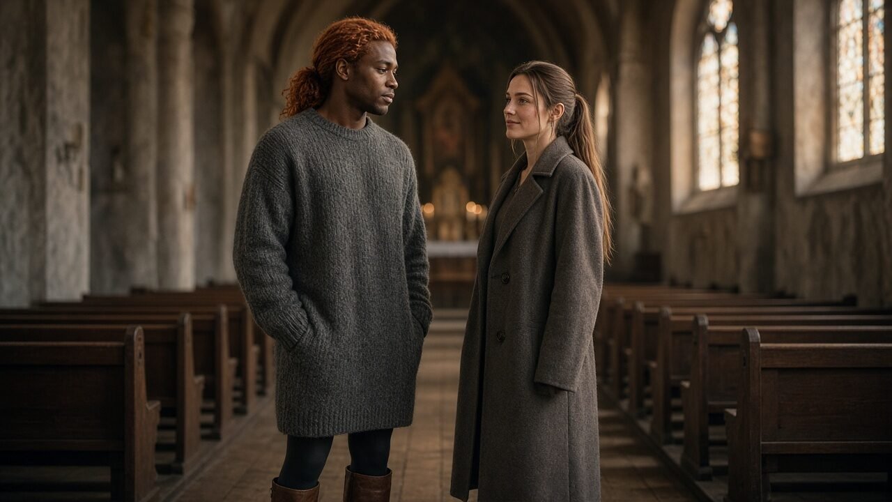 Elias mit kupferrotem Zopf in grauem Strickkleid und dunklen Strumpfhosen, Sophia mit braunem Zopf im Mantel, beide vollständig bekleidet in einem kühlen Kirchenraum bei weichem Licht.