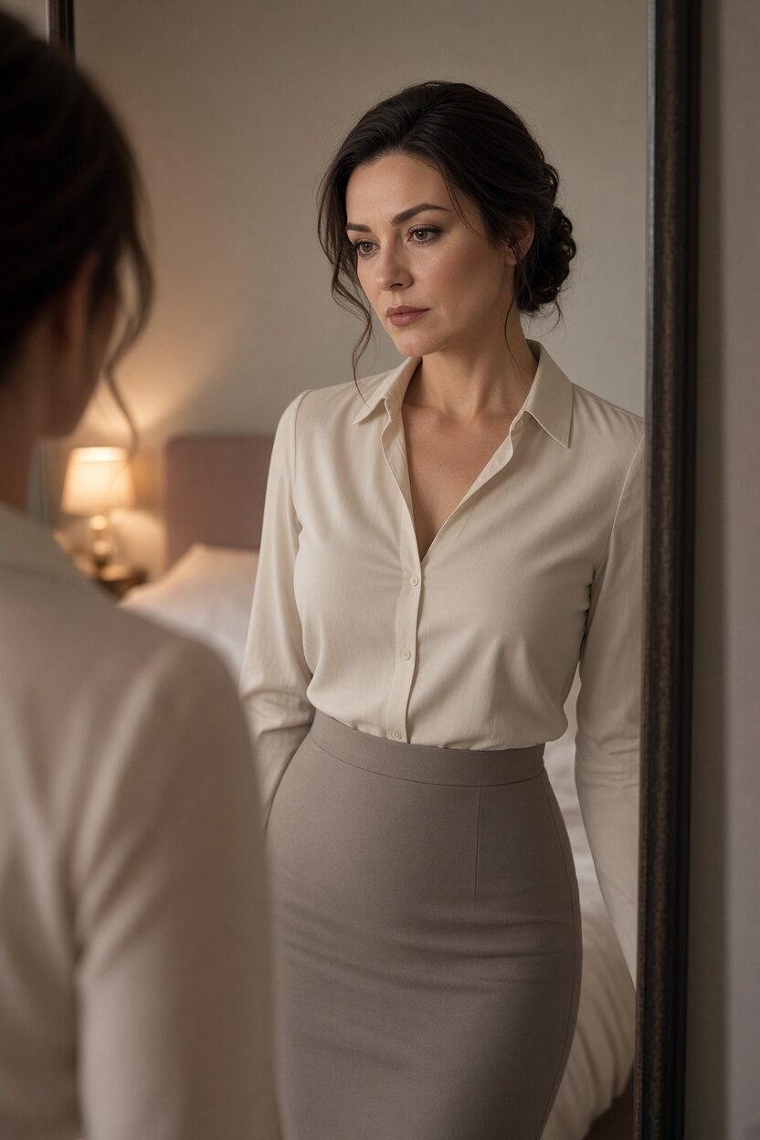 Michael vor dem Spiegel, glattes geschminktes Gesicht, dunkle Haare, in Body, Strumpfhose und Kleid.