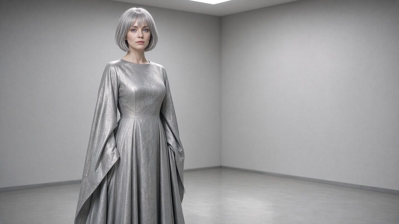 Ein junger Mann mit silbergrauer Perücke, blauen Augen und sehr heller Haut in einem durchsichtigen Nylonkleid, barfuß, in einem modernen Vernehmungszimmer mit Neonlicht, angespannte Haltung. – Verhör