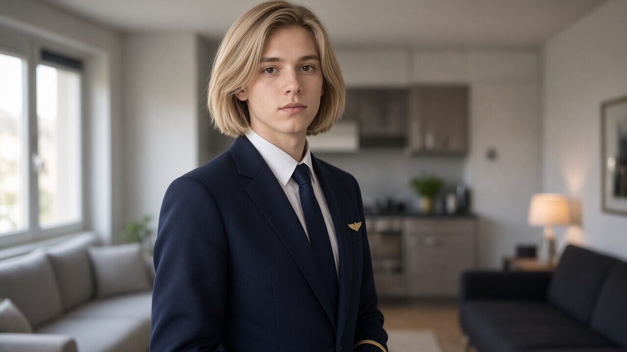 Schlanke Person mit aschblondem Bob, braunen Augen, sehr heller Haut, in dunkelblauem Kostüm und Bluse, stehend in einem Flughafen, neutrale Pose. – Feminisierung Geschichte