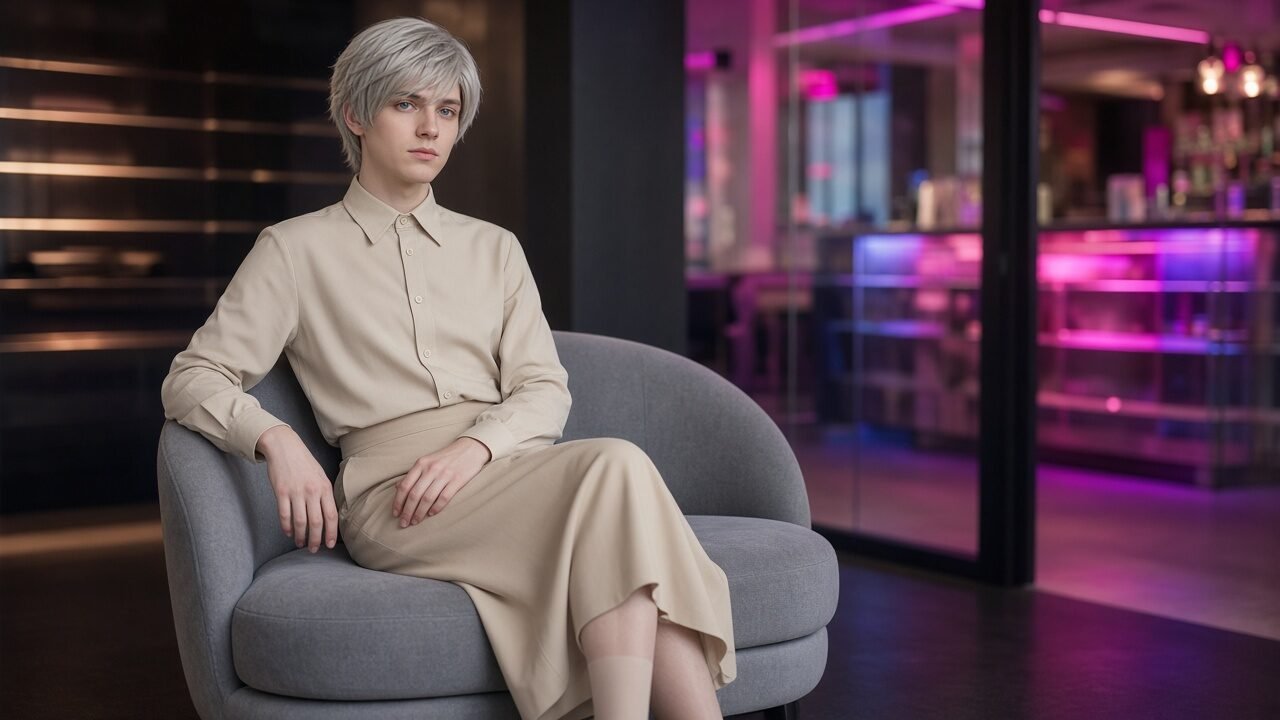 Junger Mann mit silbergrauer Perücke in durchsichtigem Nylonkleid, barfuß und gefesselt auf einem Tisch liegend, drei Frauen stehend im modernen Vernehmungszimmer bei Nacht, Neonbeleuchtung.