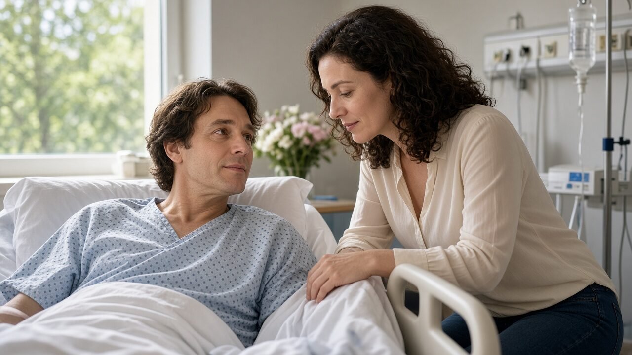 Person im Krankenbett mit Partnerin