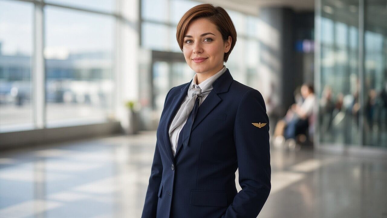 Eine junge Frau mit schulterlangem Haar in blauer Stewardess-Uniform, Jacke, Rock und Bluse, steht im Flughafenterminal, neutrale Haltung, Tageslicht. – Stewardess Geschichte
