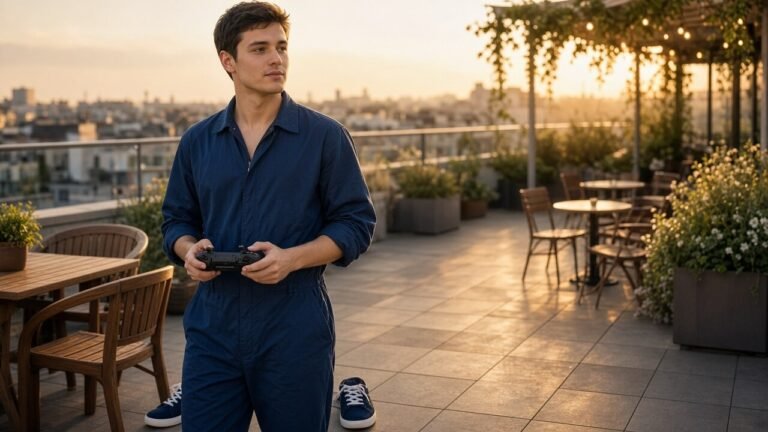 Junger Mann mit ovalem Gesicht, dunklen Augen und kurzem dunklen Haar in marineblauem Jumpsuit und Turnschuhen auf einer urbanen Dachterrasse bei Abendlicht, hält eine Drohne fern, lässige Pose – Cros