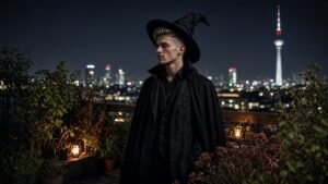 Ein 25-jähriger Mann mit aschblondem Undercut, dunkelbraunen Augen und heller Haut trägt einen schwarzen Umhang, spitzen Hut und bequeme Stiefel, steht auf einem Berliner Dachgarten bei Nacht, Halloween-Deko im Hintergrund, lächelt unsicher