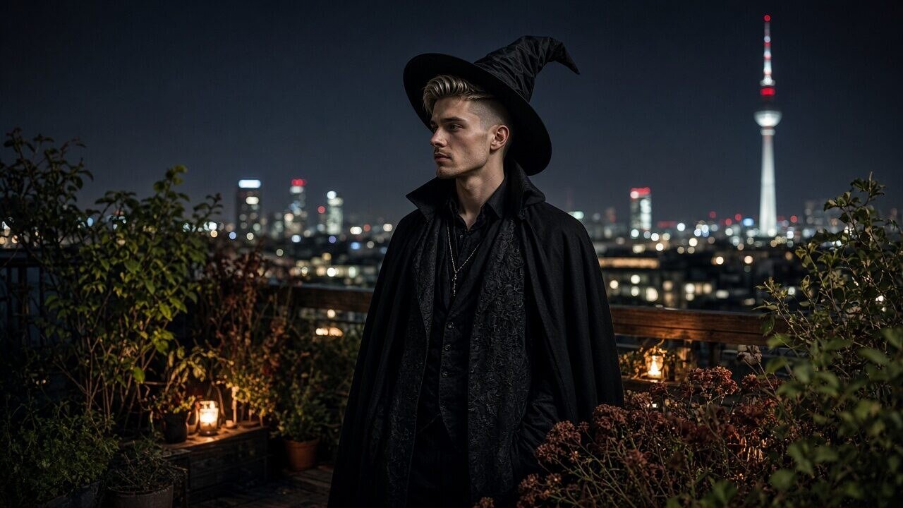 Ein 25-jähriger Mann mit aschblondem Undercut, dunkelbraunen Augen und heller Haut trägt einen schwarzen Umhang, spitzen Hut und bequeme Stiefel, steht auf einem Berliner Dachgarten bei Nacht, Halloween-Deko im Hintergrund, lächelt unsicher