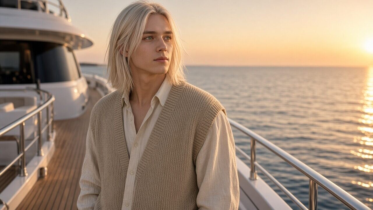 Ein junger Mann mit schulterlangem platinblondem Haar in marineblauem Poloshirt und beiger Leinenhose steht auf dem Deck einer weißen Segelyacht bei Sonnenuntergang, im Hintergrund der Kapitän am Steu