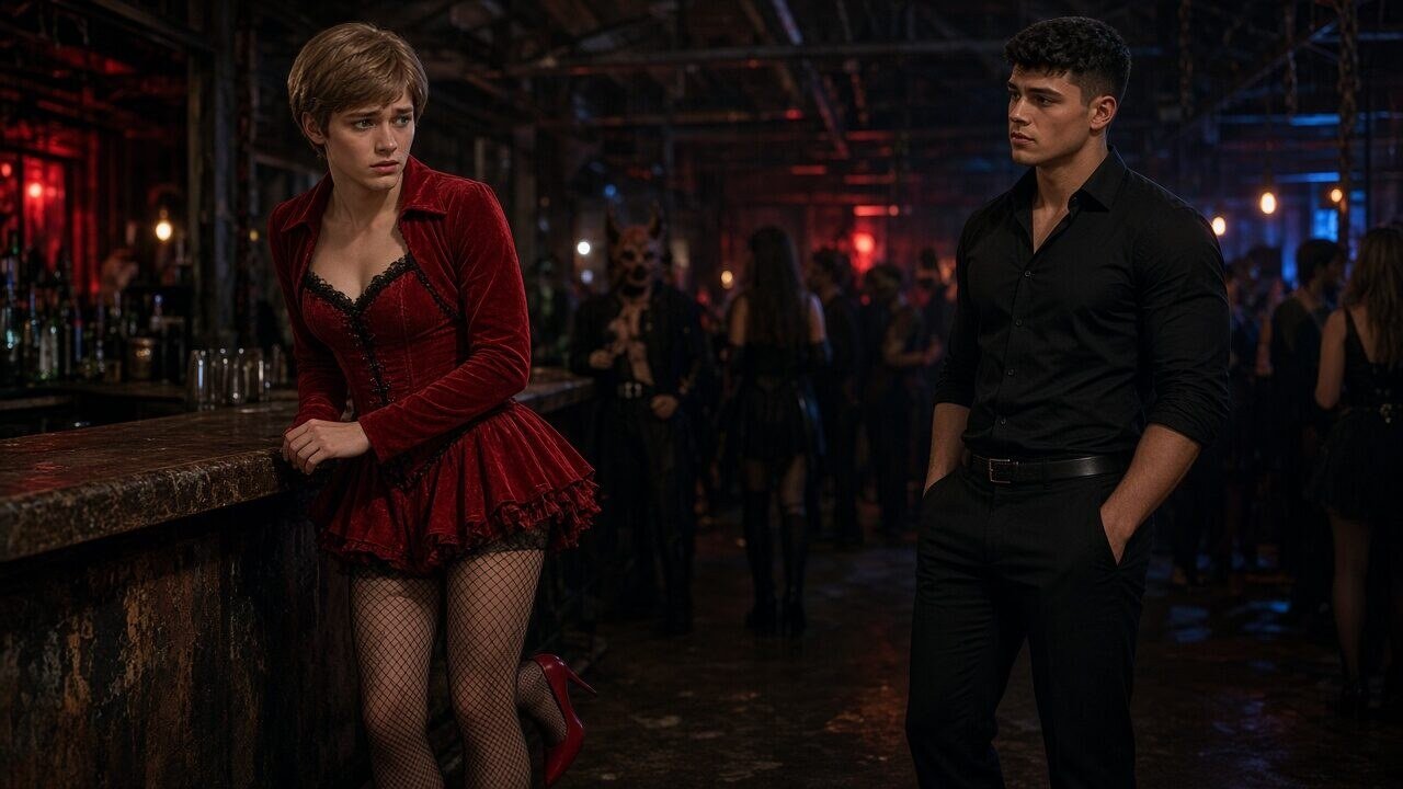 Junger Mann mit kurzem roten Rock, Netzstrümpfen und Perücke an einer Bar in einer Lagerhalle, Halloween-Party, farbiges Licht, stehend – Crossdressing Geschichte