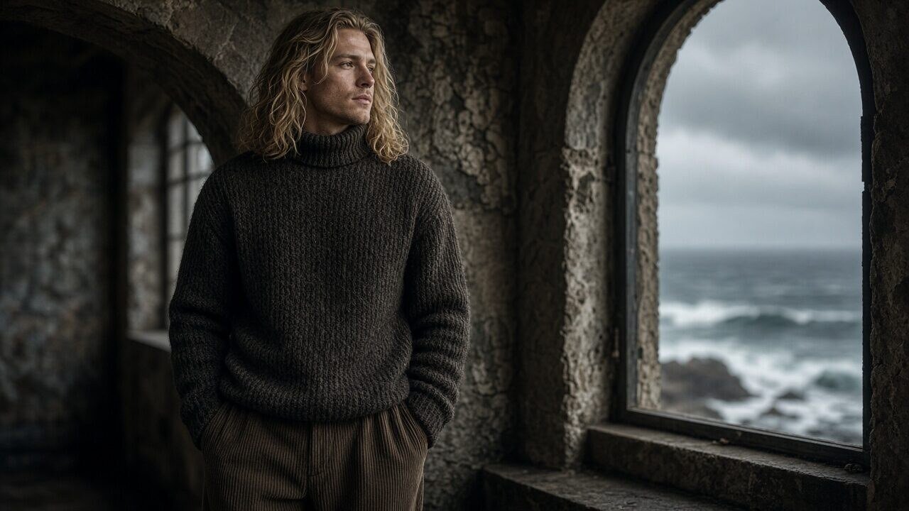 Europäischer Mann mit honigblonden langen welligen Haaren, haselnussbraunen Augen, hellen Sommersprossen, breitschultrig, 180 cm, in Cordhose, engem Wollpullover und schweren Stiefeln, im Leuchtturm b