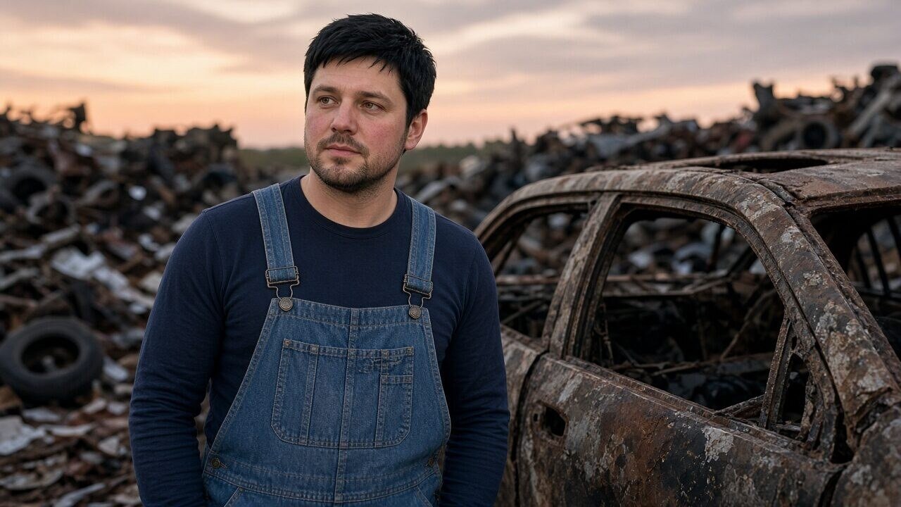 Europäischer Mann Anfang 30 mit kurzem tiefschwarzem Pixie-Schnitt, haselnussbraunen Augen und rosigem Teint, in blauen Denim-Overalls, neben altem Autowrack auf Schrottplatz bei Dämmerung, vollständi