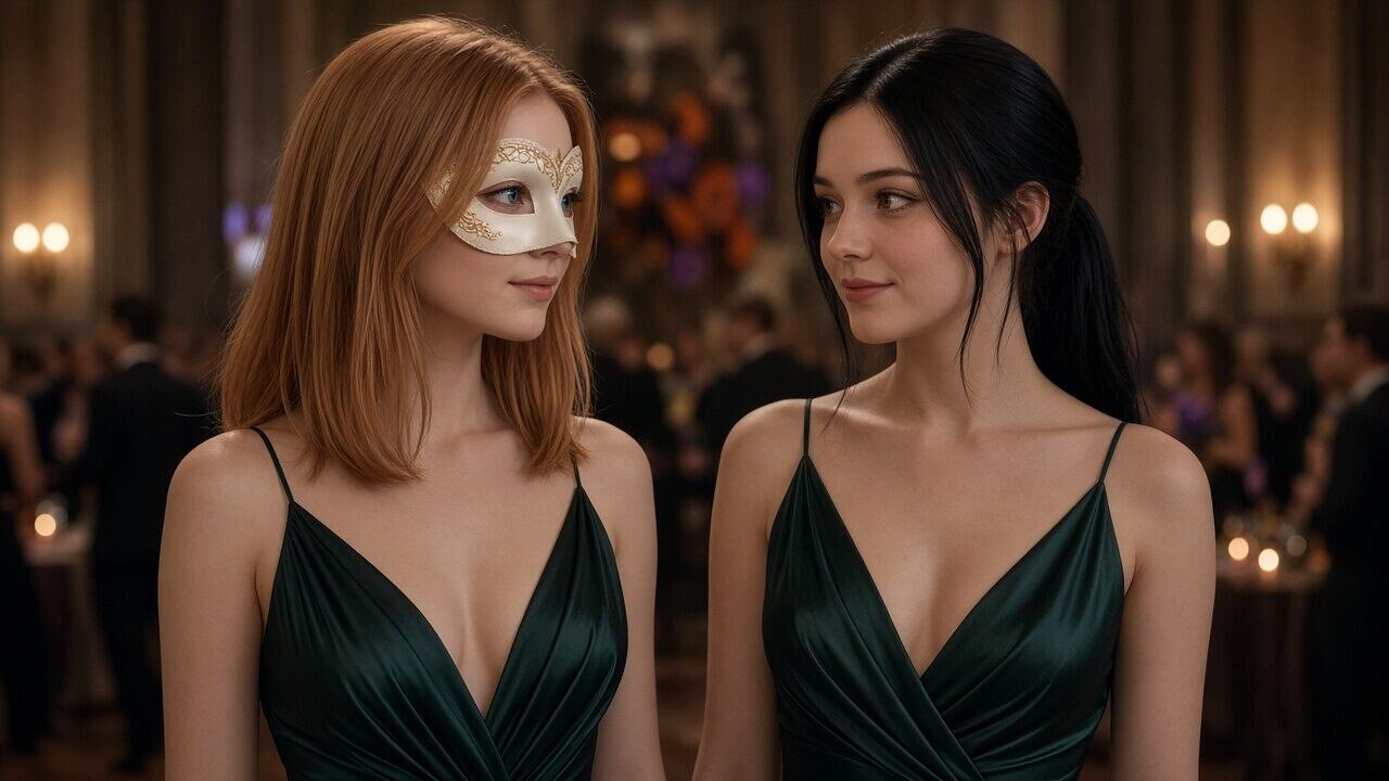 Zwei Personen in eleganten Abendkleidern, eine mit Maske, im festlich beleuchteten Saal, vollständig bekleidet. – Halloween Kleid Geschichte