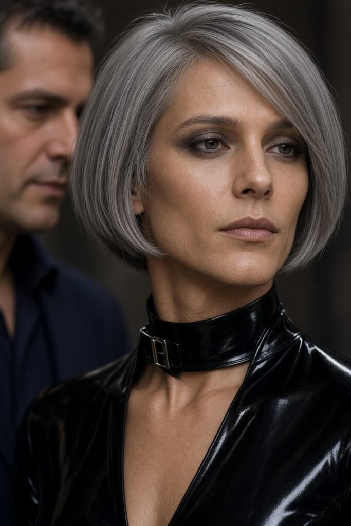 Nahaufnahme von Kais Gesicht mit Make-up, silbergrauem Bob und engem Kleidkragen