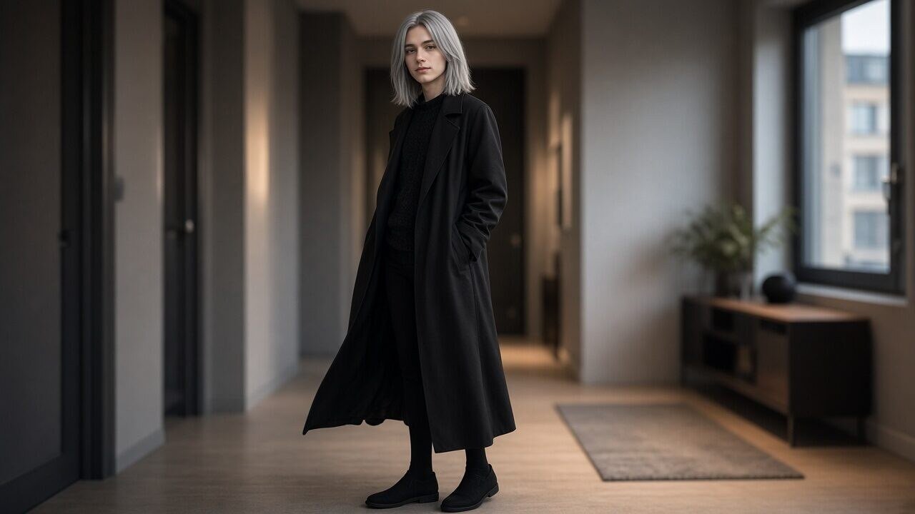 Ein zierlicher europäischer Mann mit schulterlangem silbergrauem Haar, graublauen Augen und heller Haut trägt einen langen schwarzen Mantel über einer dunklen Strickbluse, blickdichte Strumpfhosen und flache Stiefel, steht in einem modernen Hausflur bei gedämpftem Licht.
