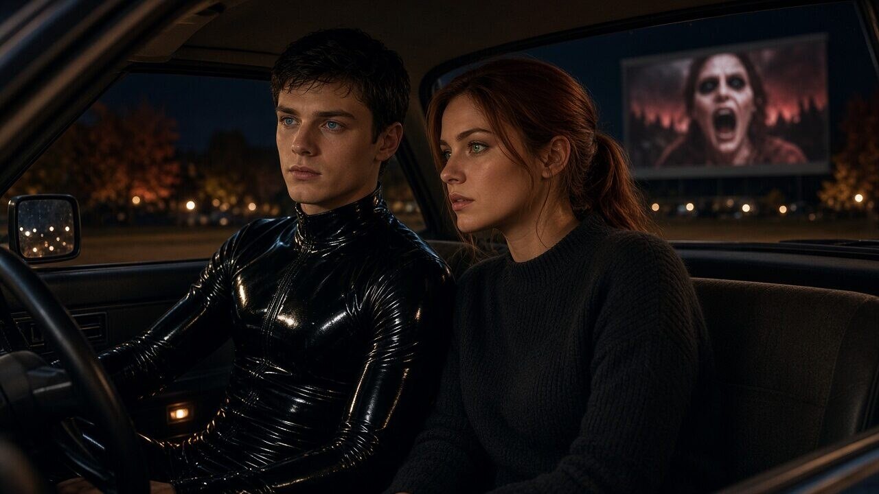 Ein junger Mann mit kurzen dunklen Haaren in einem glänzenden schwarzen Latexanzug sitzt neben einer Frau mit kastanienbraunen Haaren im Auto, Autokino bei Nacht, Halloween-Stimmung. – Latex Katzenanz