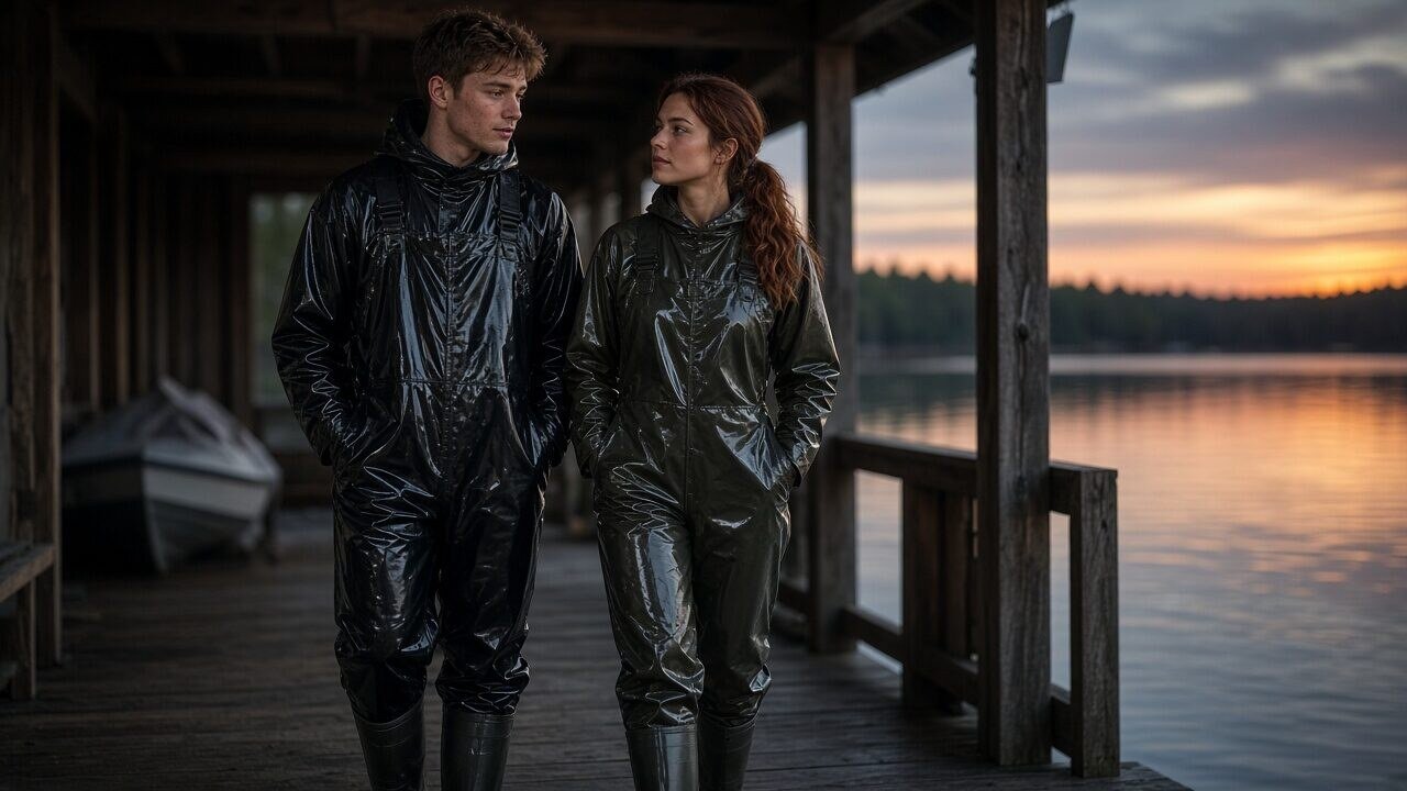 Ein junger Mann und eine junge Frau stehen vollständig bekleidet in schweren Gummistiefeln und wasserfesten Overalls in einem Bootshaus am See bei dämmerigem Licht. – Gummistiefel Geschichte