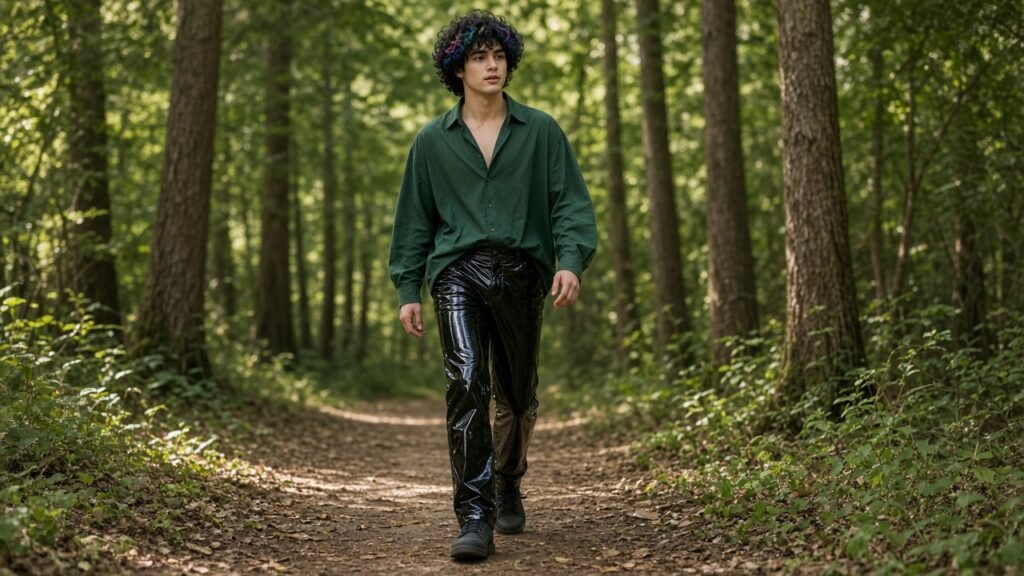 Junger Mann mit ovalem Gesicht, dunklen Augen, lockigem schwarzem Haar mit bunten Strähnen, helle Haut, europäisch, breitschultrig, wandert auf einem sonnigen Waldpfad, trägt glänzende schwarze Vinyl-Leggings und lockere dunkelgrüne Bluse, flache Wanderschuhe, vollständig bekleidet